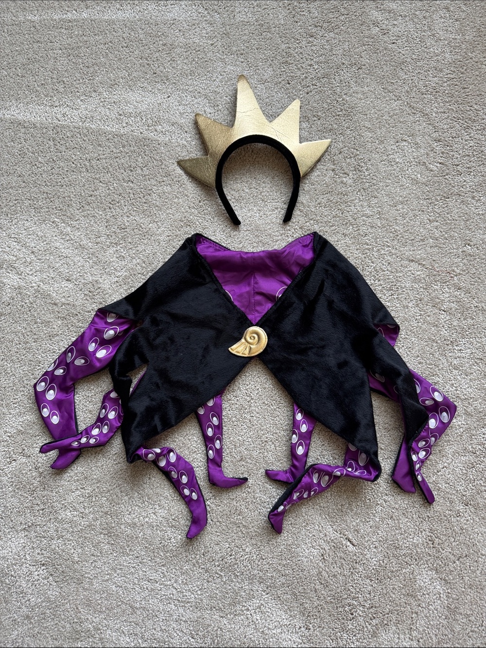 Disney Purple and Black Sea Witch Cape with Gold Crown Headband